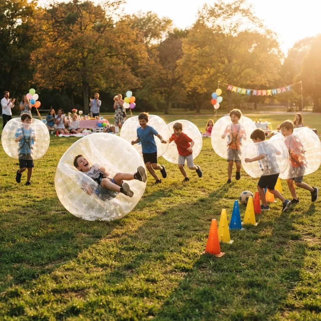 Children in bubble suits running and tumbling across a grassy park at golden hour, with balloons and a picnic behind them