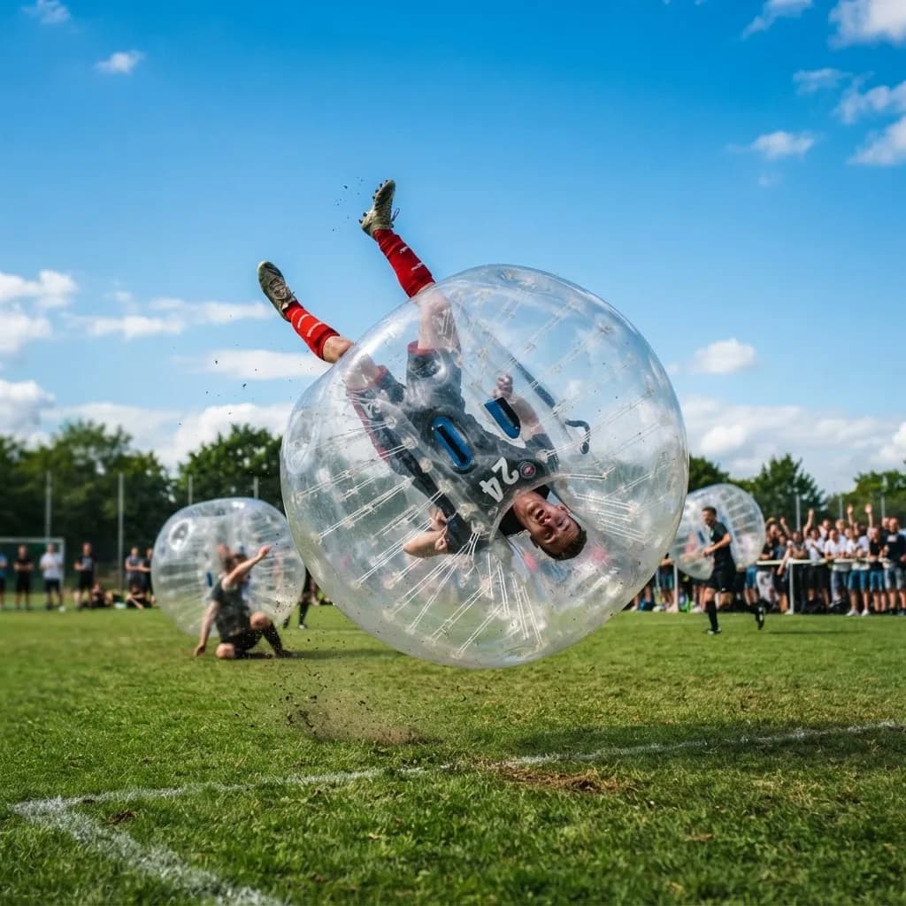 Player tumbling mid-air inside a bubble suit during a match