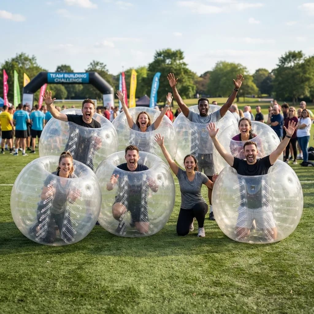A sports team posing together in bubble suits after an end-of-season wind-up match